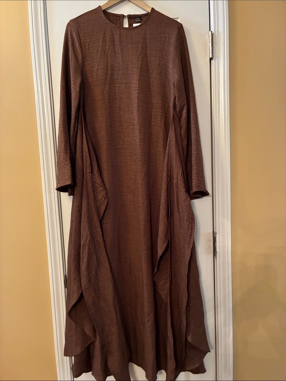 Brown Elegant Women's Long Slim Fit Many Occasions Dress with Tie Front. Size S